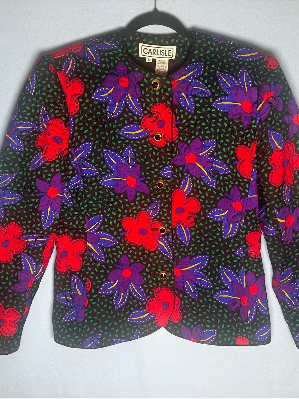 Vintage jacket by Carlisle Black /Red/Purple Floral with gold buttons Silk SZ 12